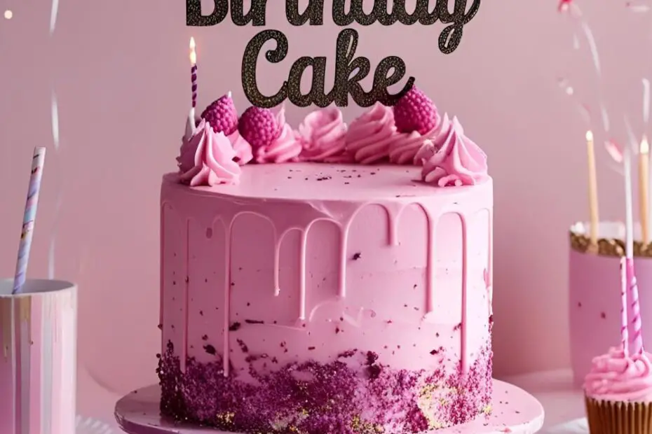 Front view of a two-layer pastel pink birthday cake with buttercream border