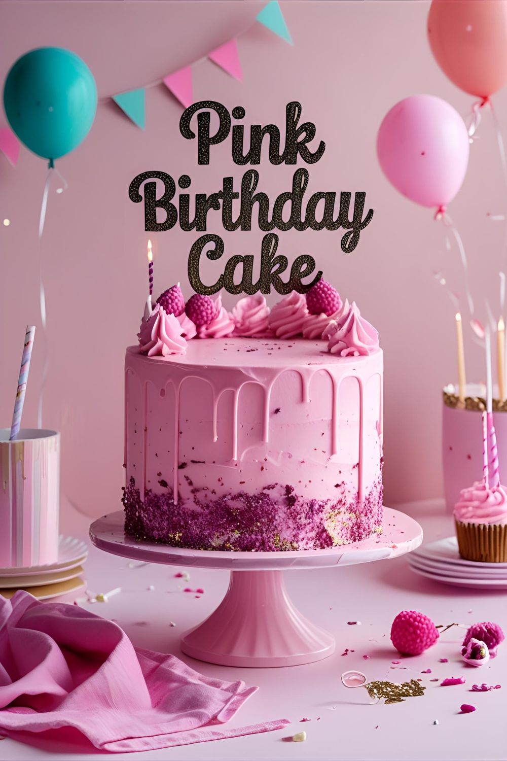 Front view of a two-layer pastel pink birthday cake with buttercream border