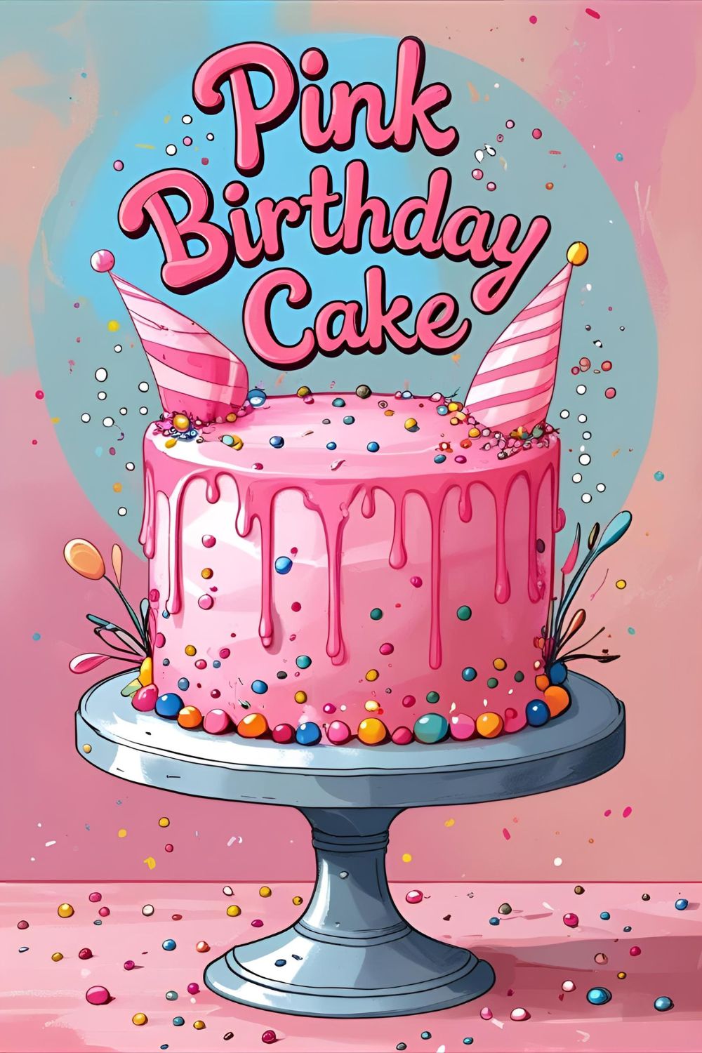 Front view of a two-layer pastel pink birthday cake with buttercream border