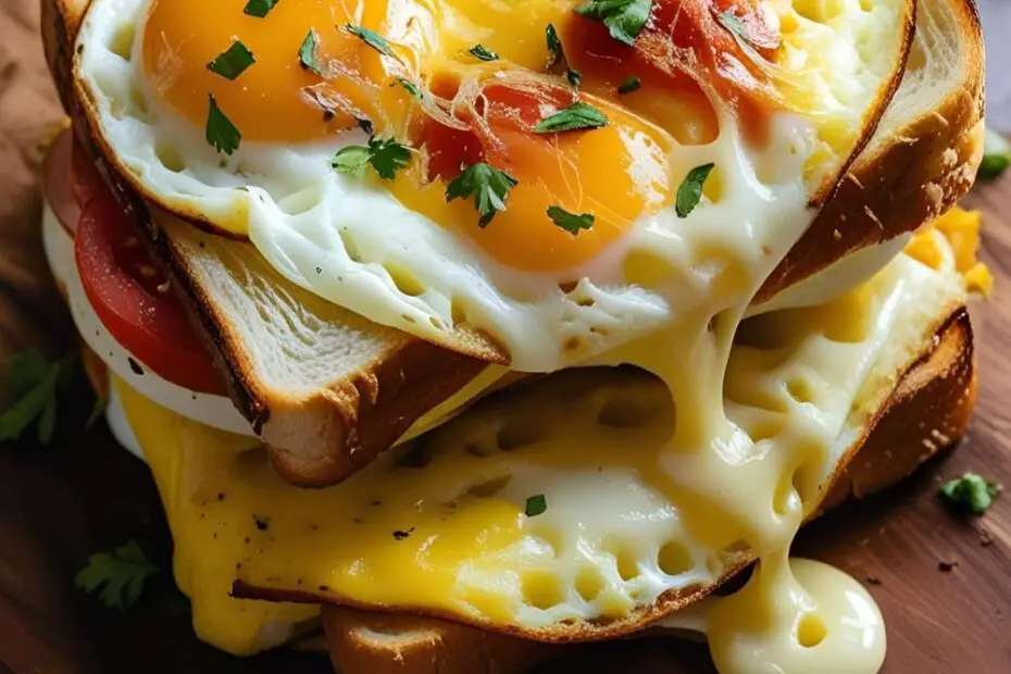 Close-up of sliced cheesy egg breakfast sandwich on wooden board with melted cheese