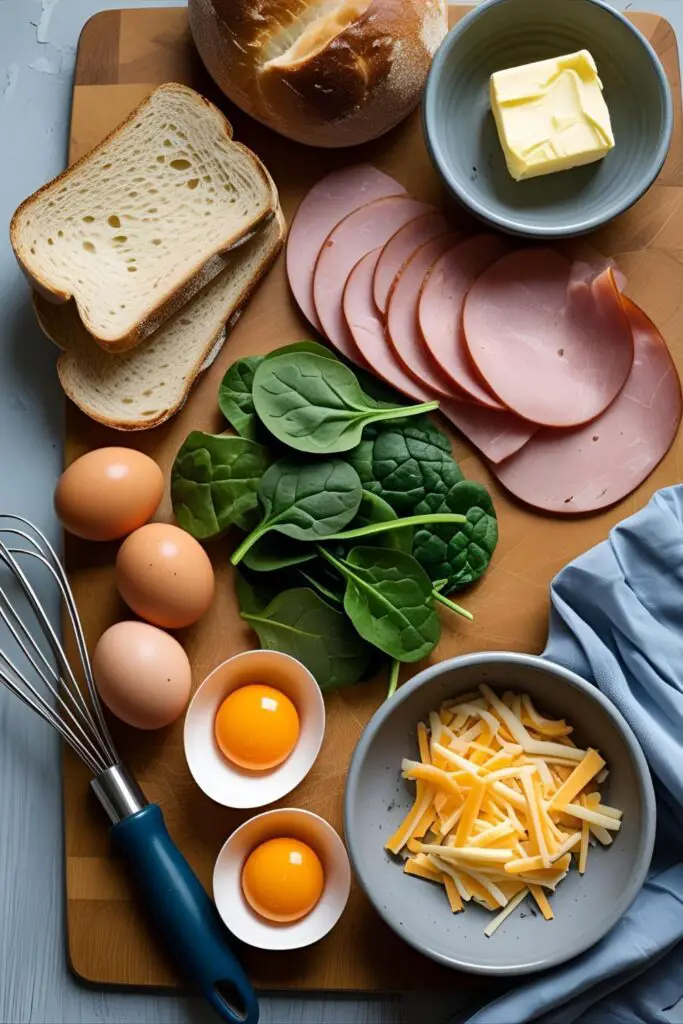 Egg and cheese sandwich sliced on board with spinach and ham filling