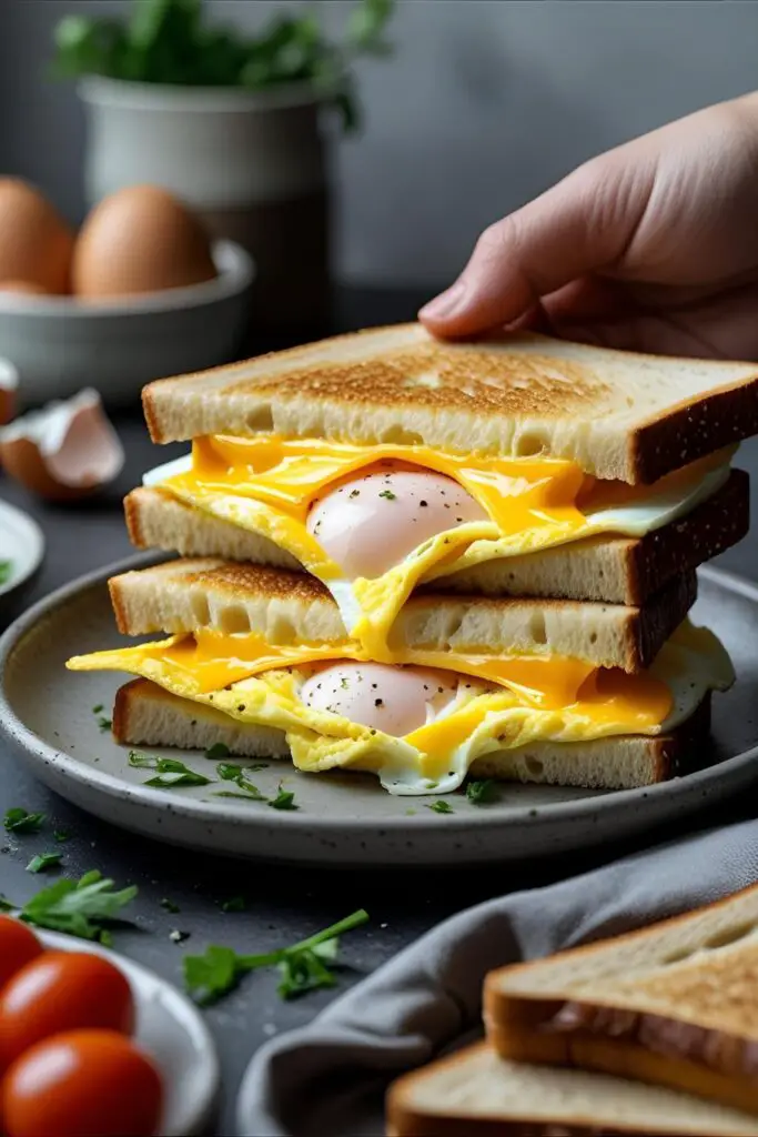 Cheesy egg sandwich stacked with spinach and ham on a rustic board