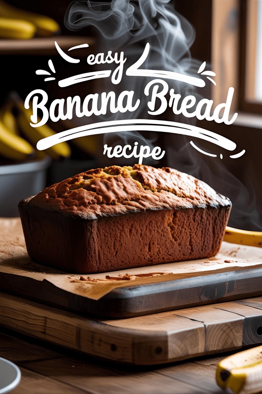 Moist banana bread loaf with chocolate chips and walnuts on a wooden board