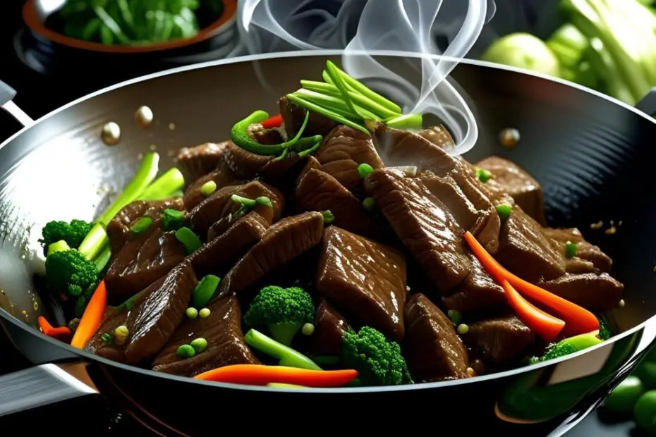 Beef stir fry with broccoli, peppers, sesame seeds