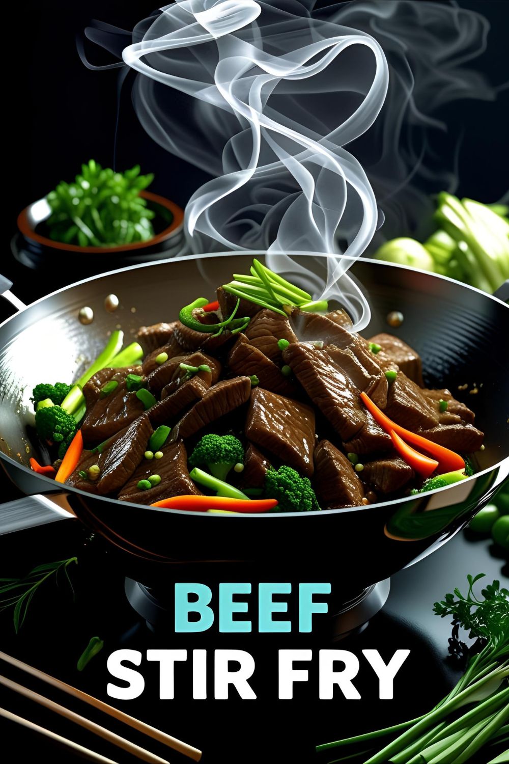 Beef stir fry with broccoli, peppers, sesame seeds