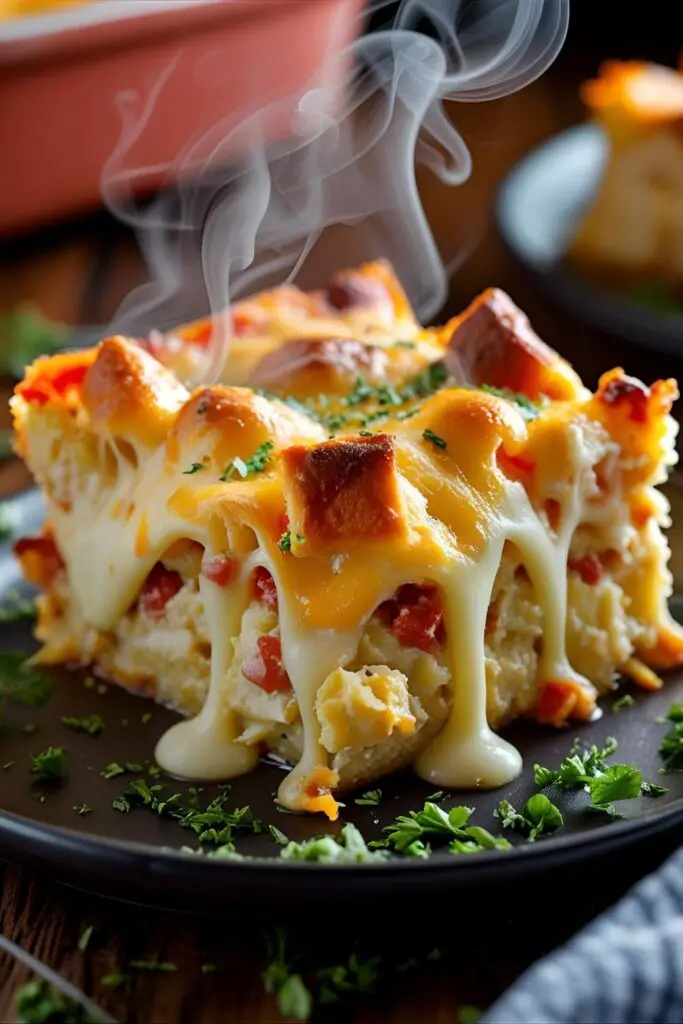 A full breakfast casserole in a baking dish cooling on the countertop, ready to serve.