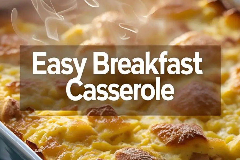 A steaming golden breakfast casserole square with melted cheese and herbs, ready to serve