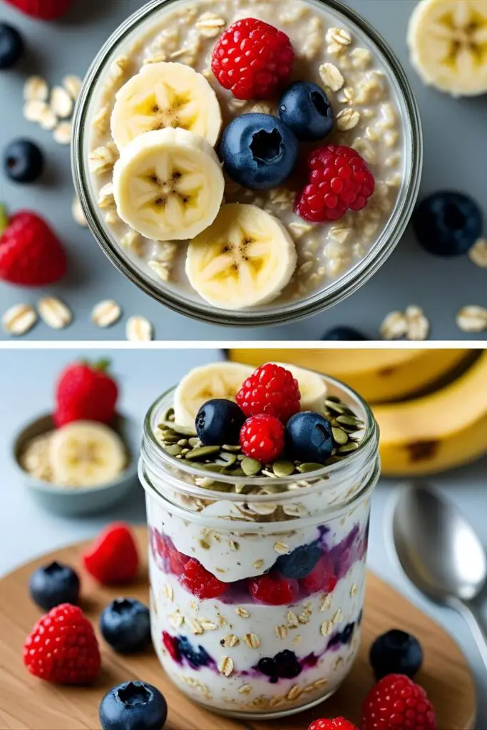 Overnight oats in jar with fruit and smoothie bowl nearby