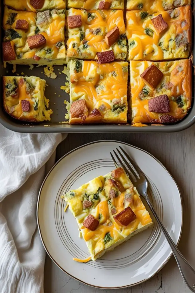 Sliced breakfast casserole served on plate with fork