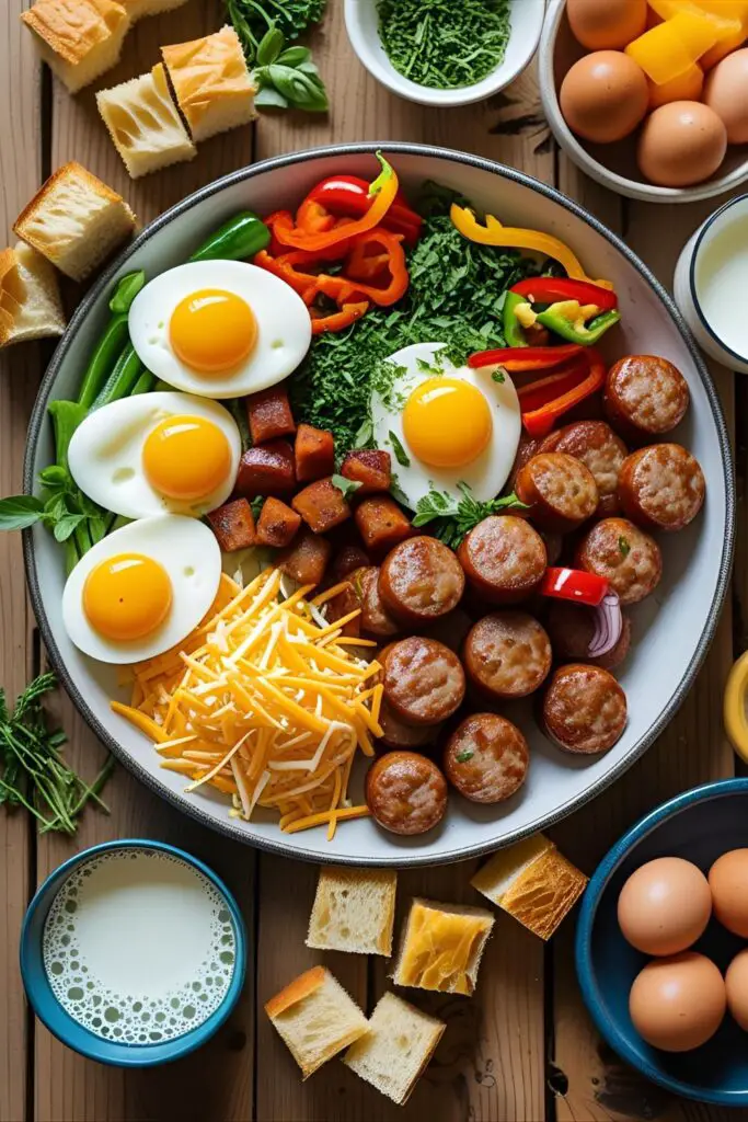 Baked breakfast casserole with melted cheese and vegetables