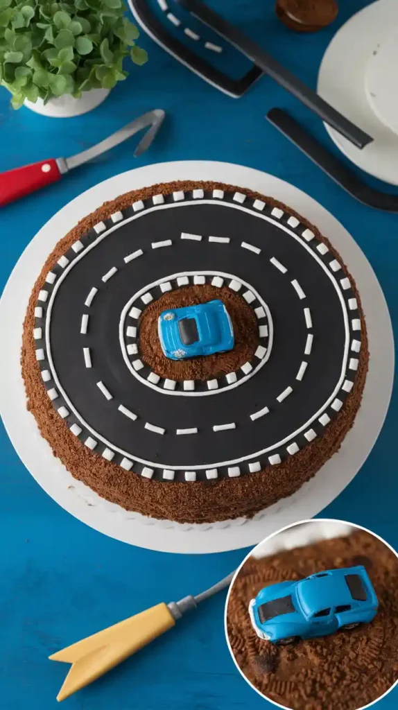 A top-down view of the finished race track cake, with a close-up inset image showing a toy car on the edible Oreo dirt.