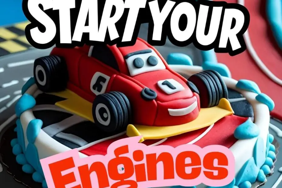 A chocolate sheet cake decorated like a race track with toy cars, with a text overlay that reads, "Start Your Engines!".