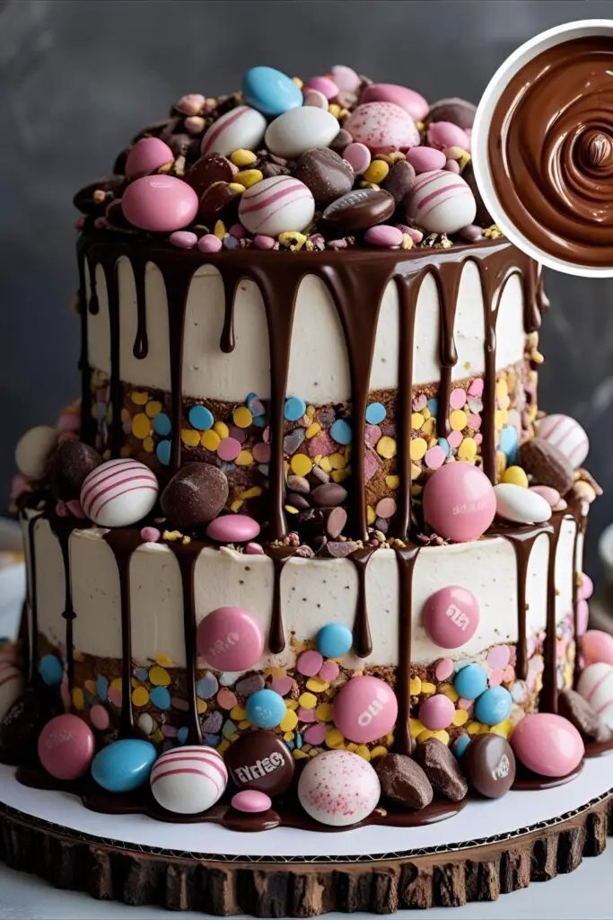 A finished chocolate overload cake, with a close-up inset image focusing on the glossy texture of a chocolate drip on another cake.