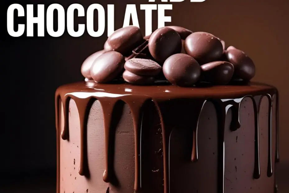 A decadent chocolate birthday cake with a chocolate drip and candy pile. Text overlay reads: "Life is Short. Add More Chocolate."