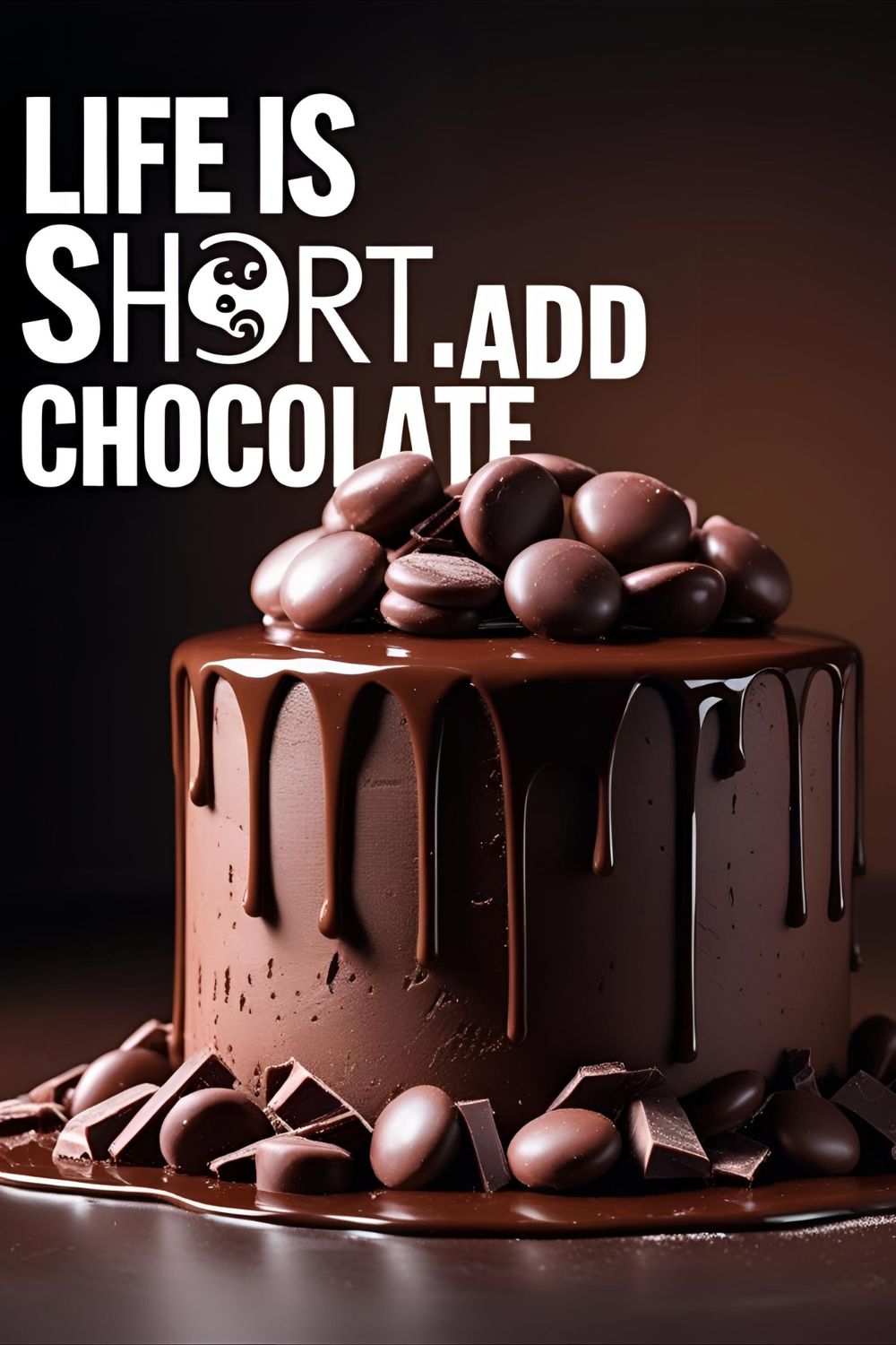 A decadent chocolate birthday cake with a chocolate drip and candy pile. Text overlay reads: "Life is Short. Add More Chocolate."
