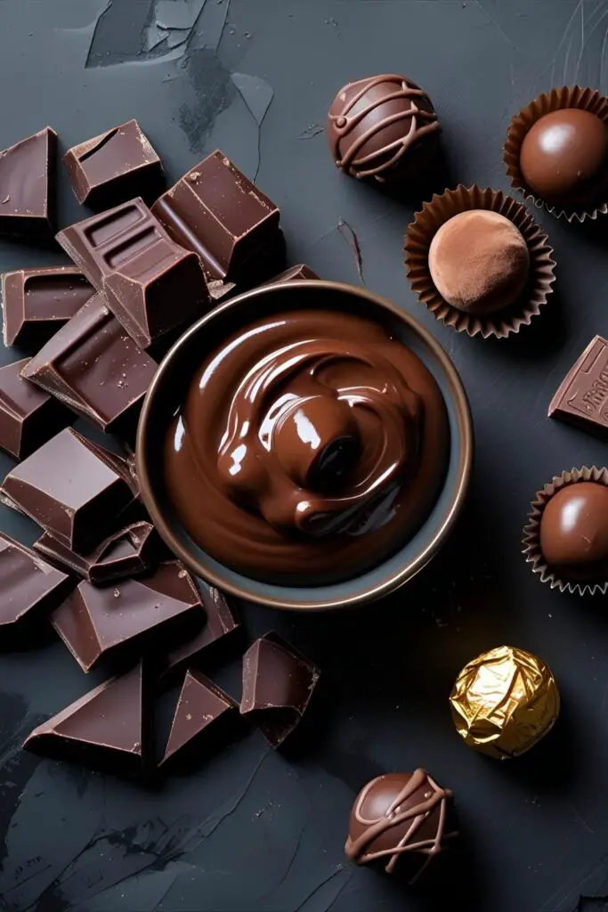 A flat-lay of chocolate birthday cake decoration elements, including chopped chocolate, ganache, and various chocolate candies.