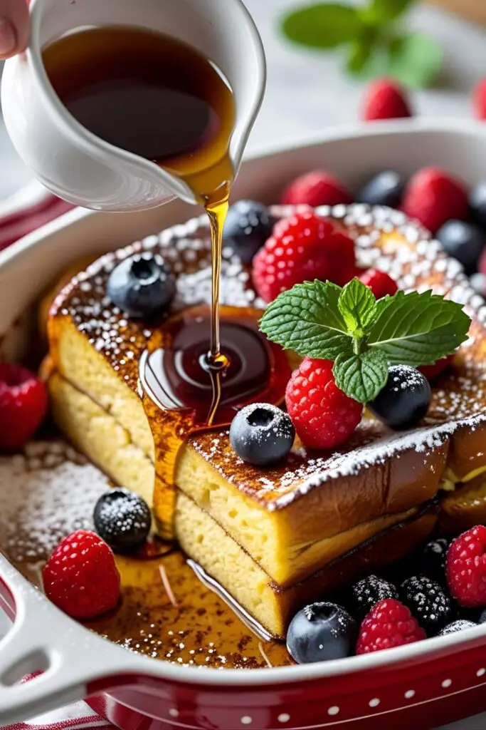 Christmas casserole breakfast with berries, powdered sugar, and golden crust on red table décor