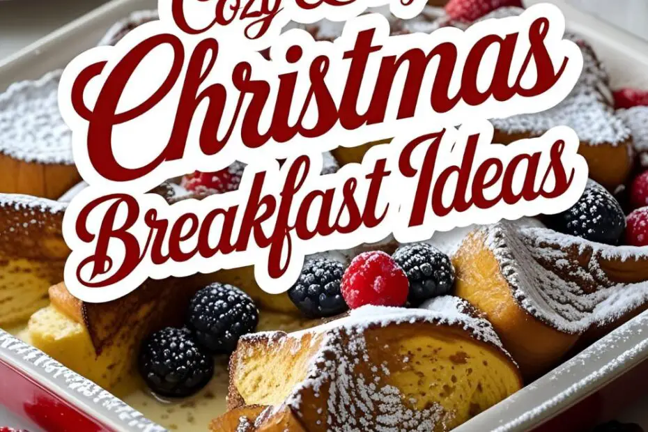 Golden French toast casserole with berries and powdered sugar on a holiday table