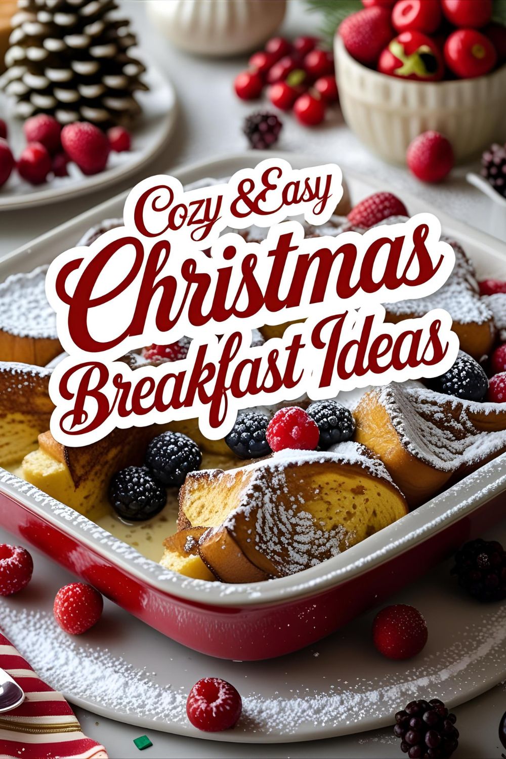 Golden French toast casserole with berries and powdered sugar on a holiday table