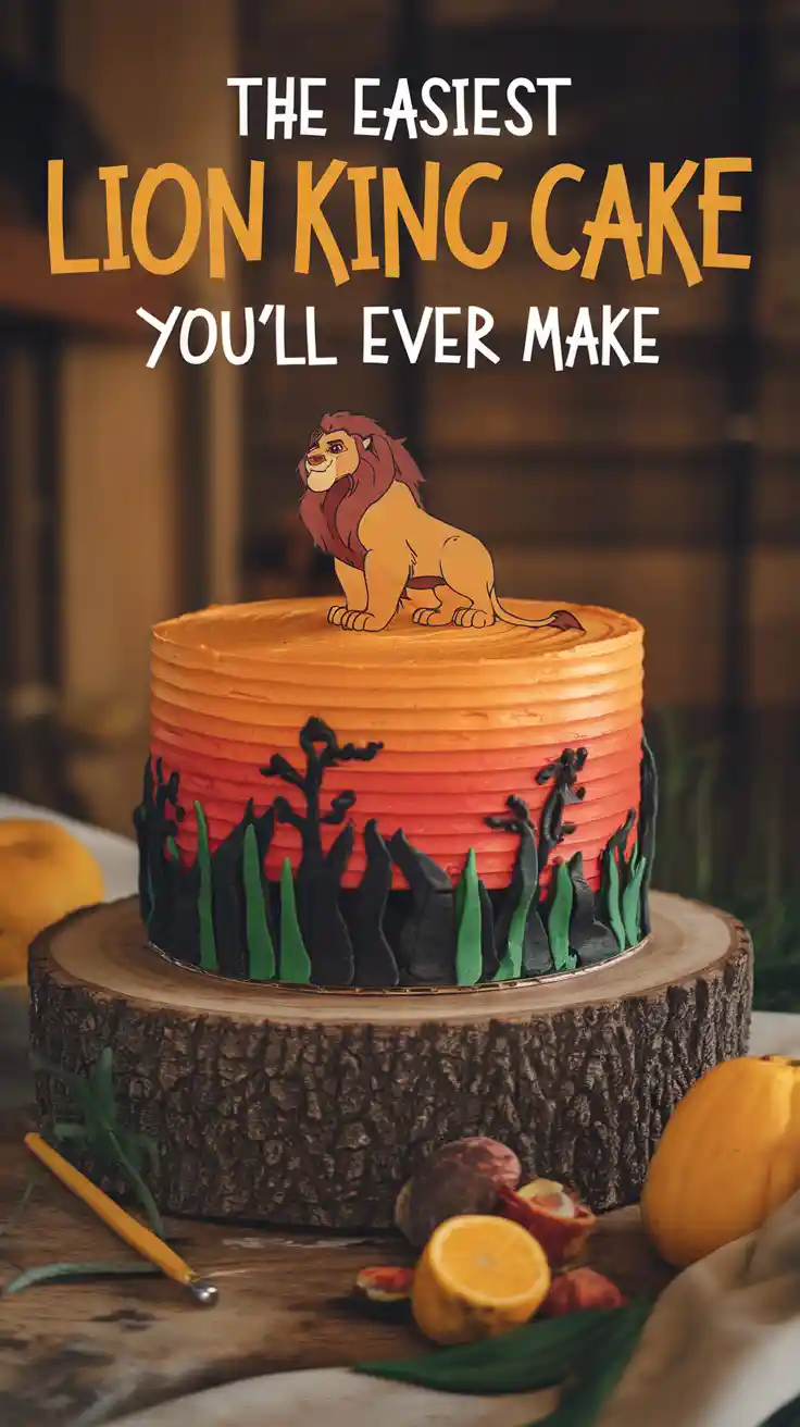 The finished Lion King cake with a sunset buttercream design and text overlay that says "The Easiest Lion King Cake You'll Ever Make."