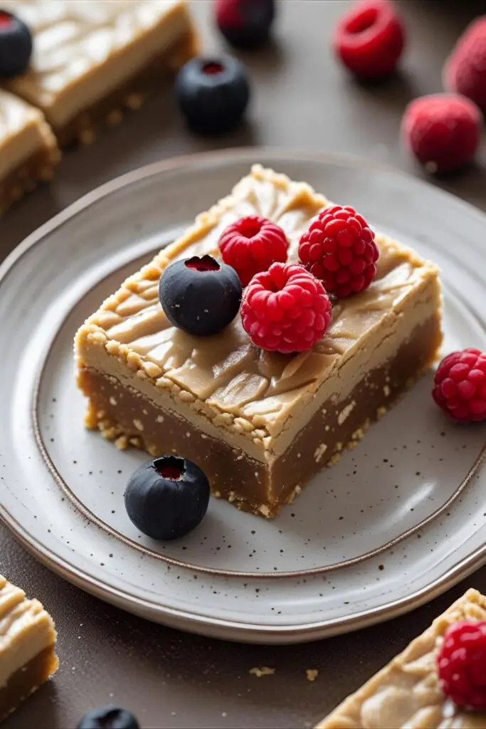 Stack of gluten-free oat banana bars with berries shown in pan.