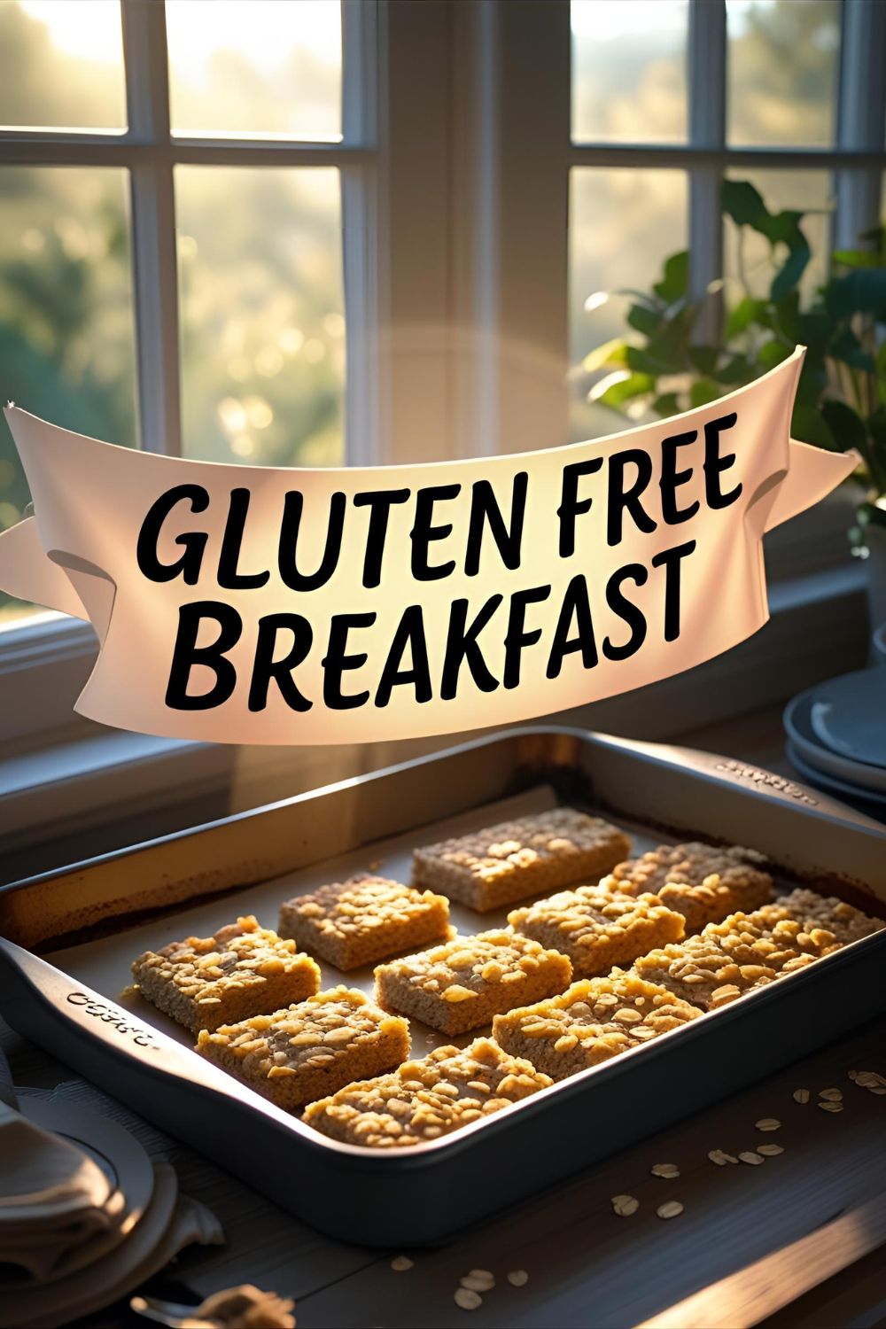 Close-up of a golden gluten‑free oat banana bar on a plate with fresh berries garnish.