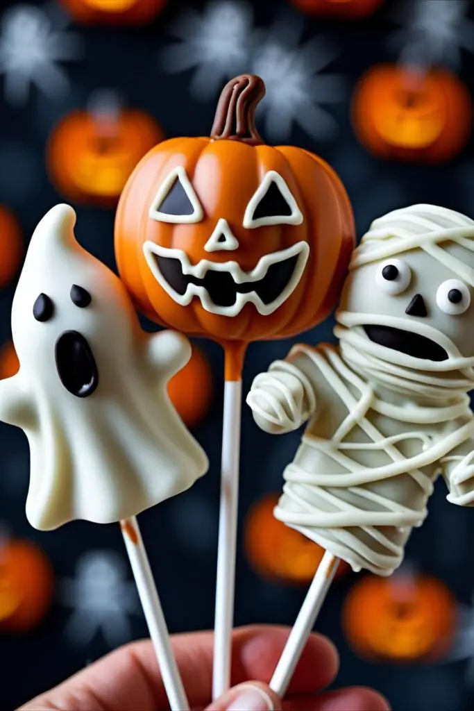 A close-up photo showcasing three different finished Halloween cake pops: a white ghost, an orange pumpkin, and a white mummy with candy eyes.