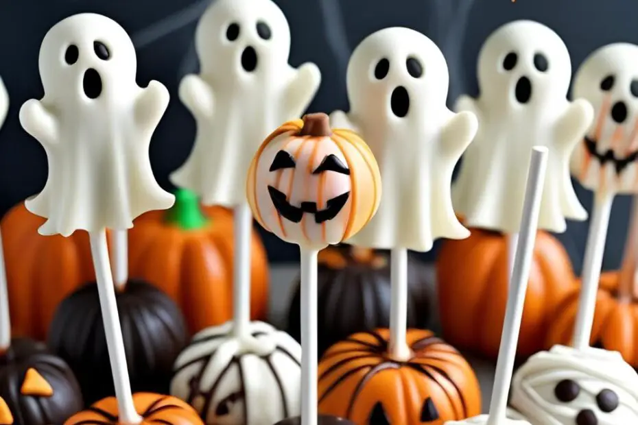 A platter of assorted Halloween cake pops including ghosts, pumpkins, and mummies, with a text overlay that reads, "So Cute It's Scary!".