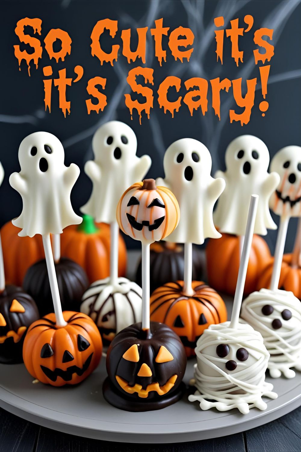 A platter of assorted Halloween cake pops including ghosts, pumpkins, and mummies, with a text overlay that reads, "So Cute It's Scary!".