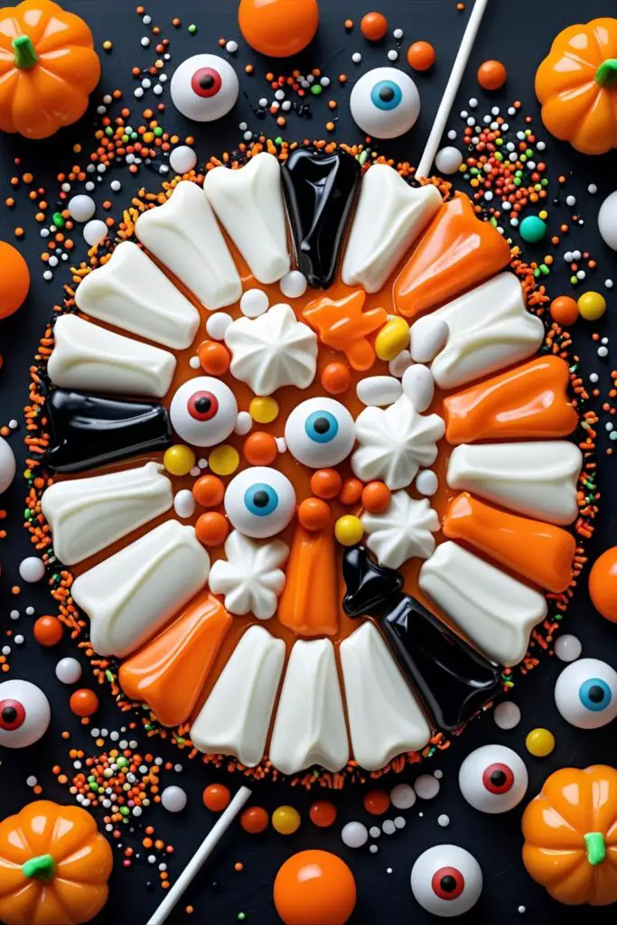 A bright, Halloween-themed flat-lay of candy melts (white, orange, black), candy eyeballs, sprinkles, and lollipop sticks on a dark background.