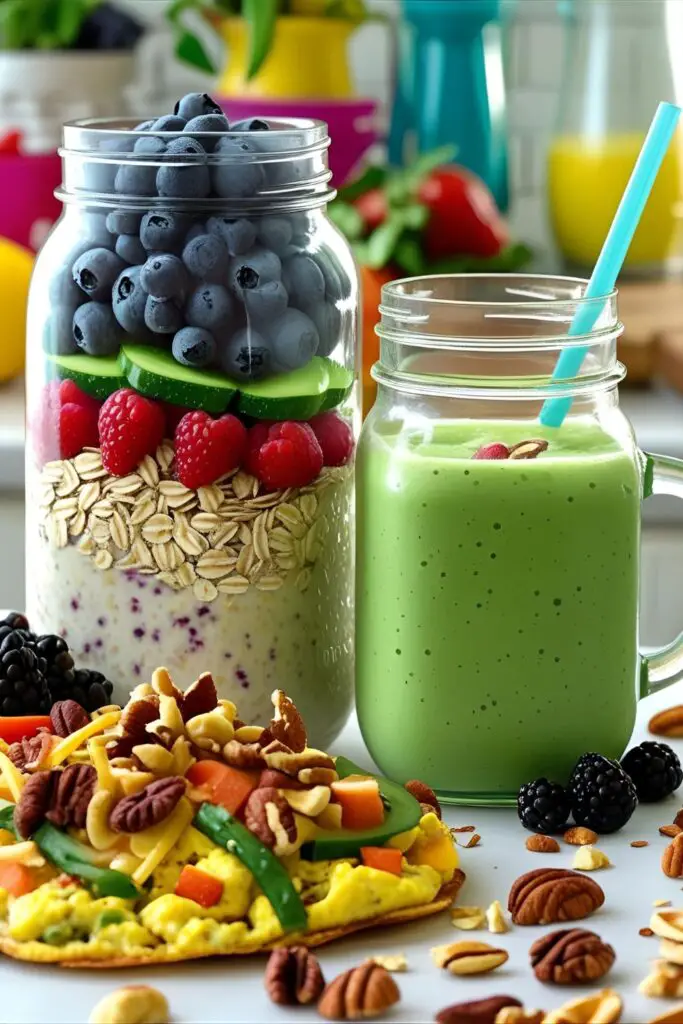 Quick easy healthy breakfast ideas with smoothie and egg scramble