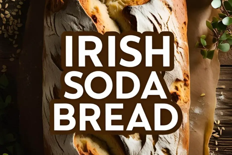 Rustic Irish soda bread loaf with crust and cut slice on wooden board