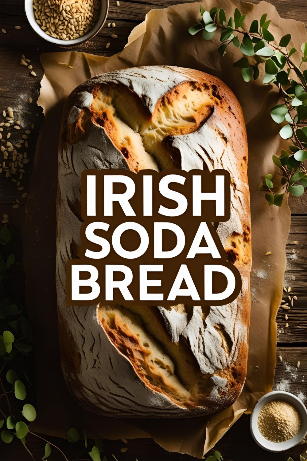 Rustic Irish soda bread loaf with crust and cut slice on wooden board