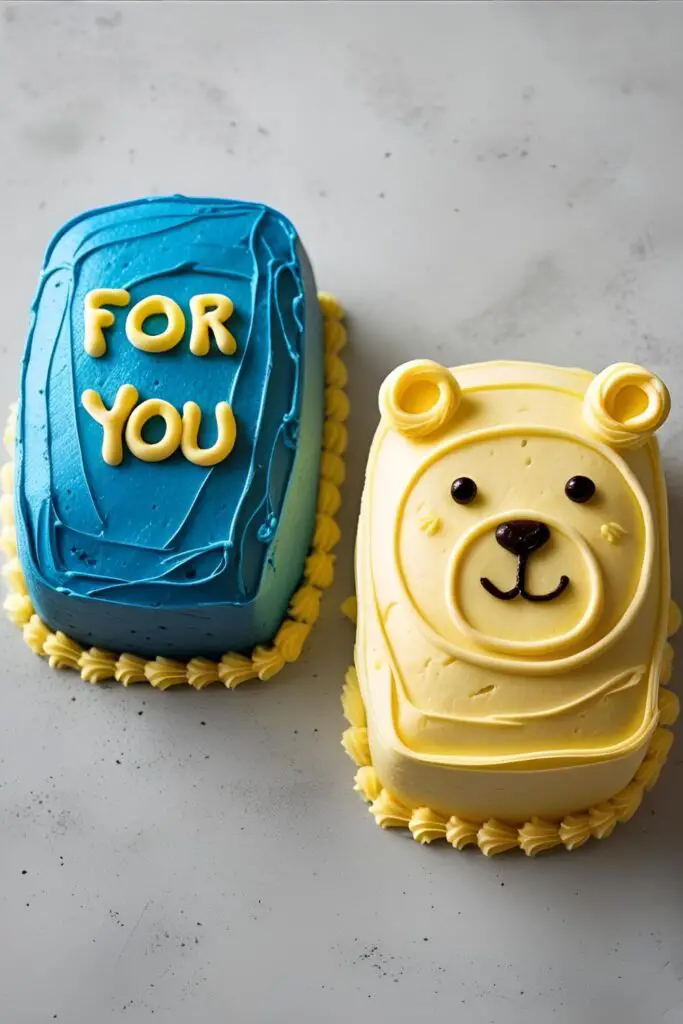 Two different Korean bento cakes, one is blue with text, and the other is yellow and decorated to look like a cute bear face.