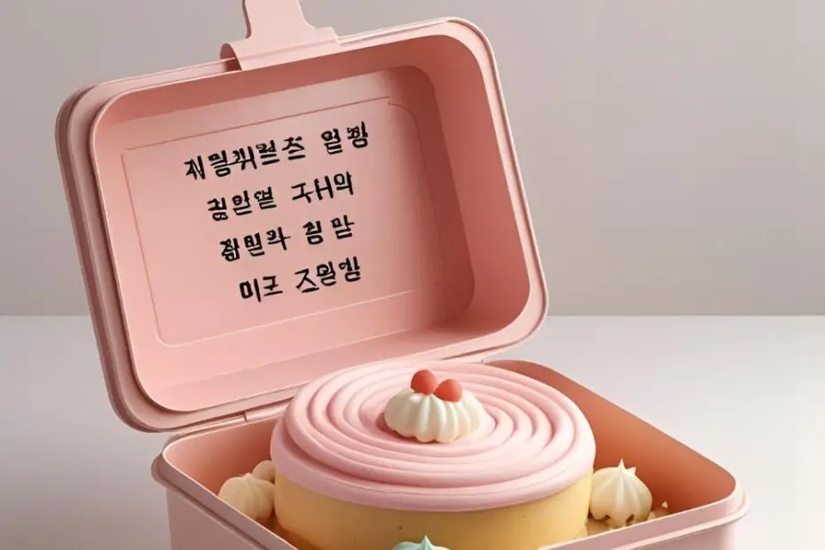 A small, pink Korean bento cake in its takeaway box with cute writing on it. Text overlay reads: "Small Cake, Big Mood".