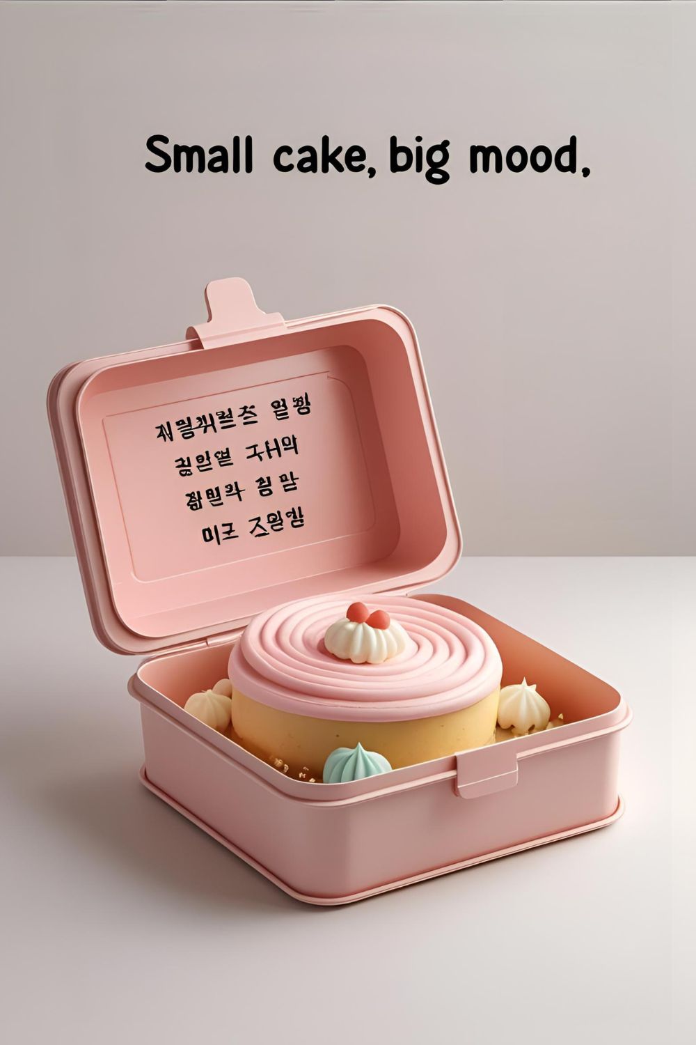 A small, pink Korean bento cake in its takeaway box with cute writing on it. Text overlay reads: "Small Cake, Big Mood".