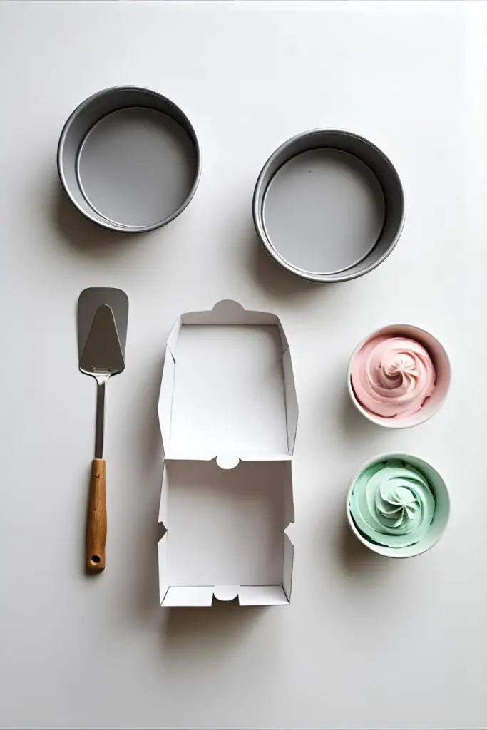 A flat-lay of tools for a Korean bento cake, including 4-inch pans, a small spatula, and pastel-colored buttercream.

