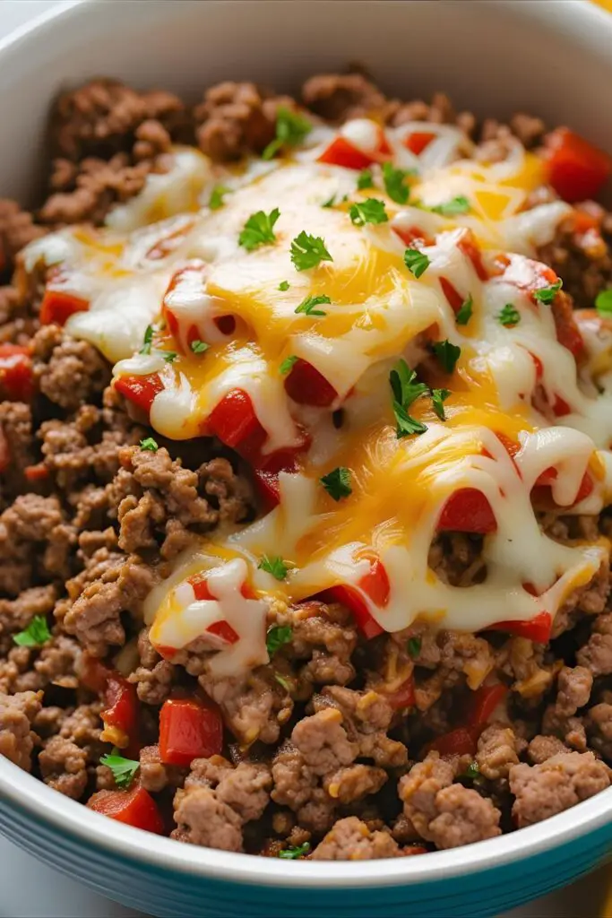 Served ground beef meal with veggies and cheese garnish