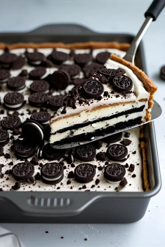 A 9x13 pan of finished ice cream sandwich cake topped with crushed Oreos. One slice is being lifted out on a spatula, showing the perfect layers inside.