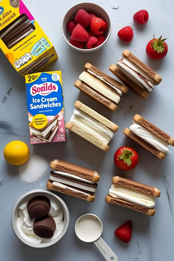 A flat-lay photo showing the ingredients for an ice cream sandwich cake: a box of ice cream sandwiches, a tub of Cool Whip, a jar of hot fudge, and Oreo cookies.