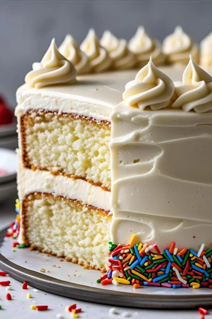  Frosted birthday cake decorated with colorful sprinkles