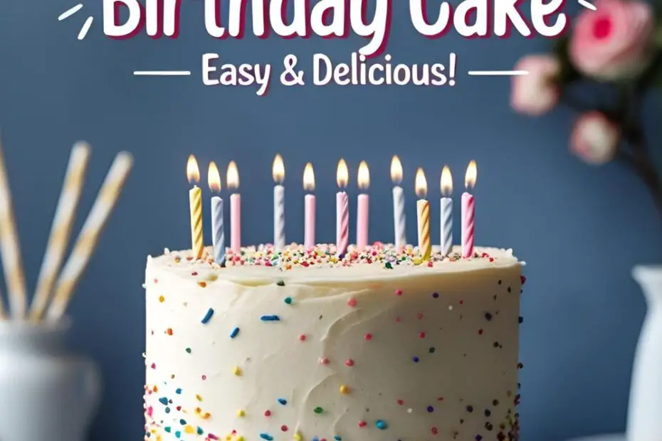 Simple birthday cake with vanilla frosting and colorful sprinkles