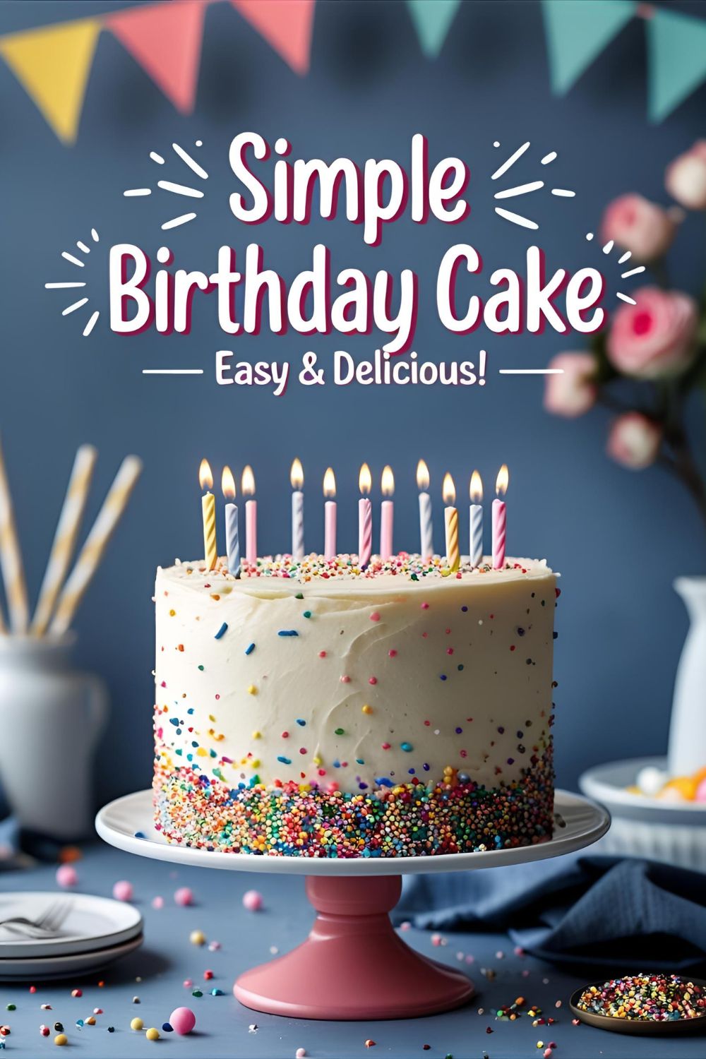 Simple birthday cake with vanilla frosting and colorful sprinkles