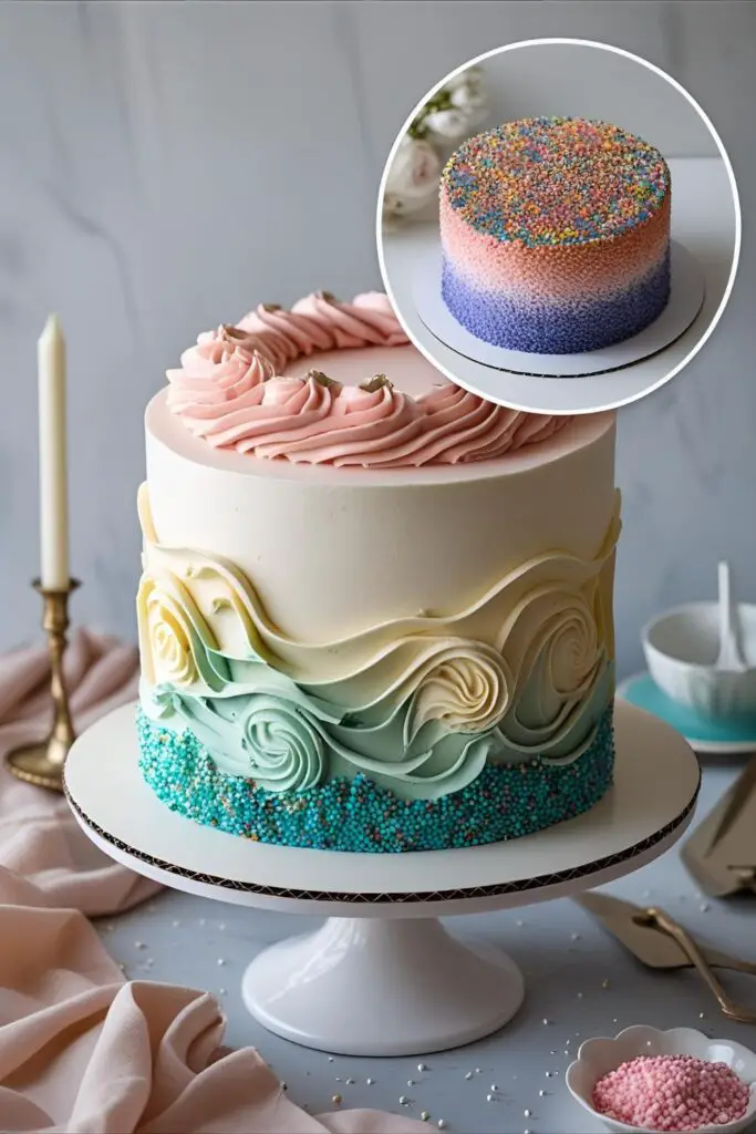A finished cake with a simple swoopy frosting design, with a close-up inset image showing the detail of a sprinkle ombre effect on another cake.