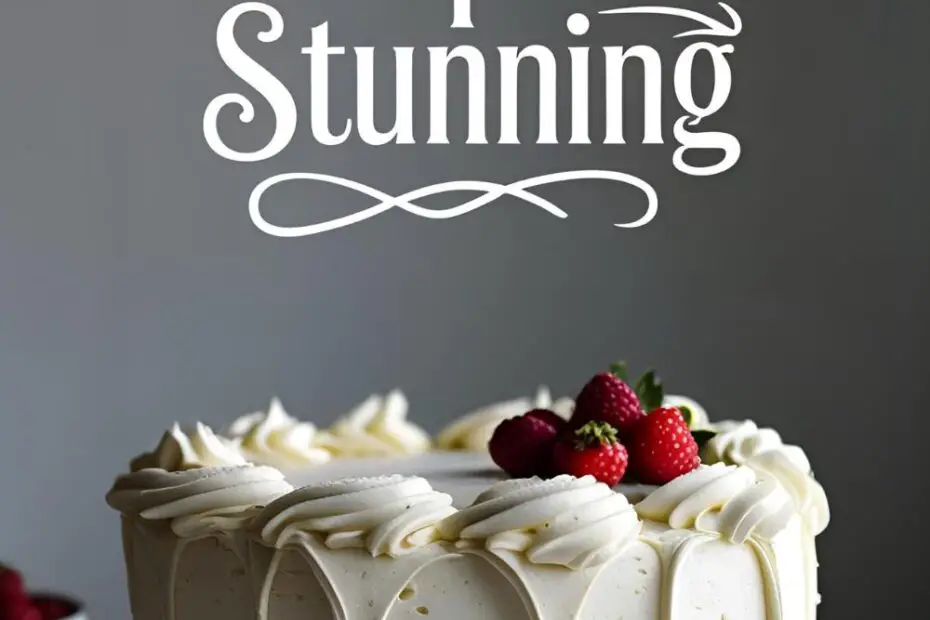 A white cake with a simple cake design of rustic frosting swoops and fresh berries. Text overlay reads: "Simple is Stunning".