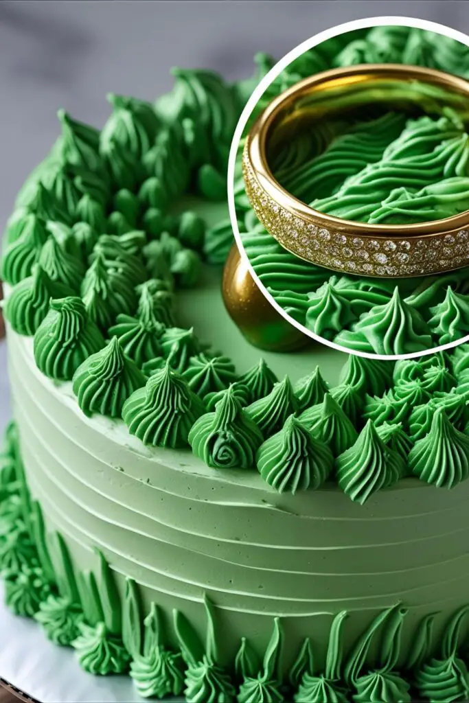 A full view of the finished Sonic the Hedgehog cake, with a detailed close-up inset image showing the piped grass texture and a golden ring.