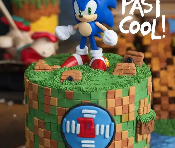 A finished Sonic birthday cake decorated like the Green Hill Zone, with a toy Sonic figure and a text overlay that reads, "Way Past Cool!".