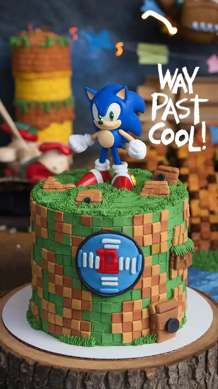 A finished Sonic birthday cake decorated like the Green Hill Zone, with a toy Sonic figure and a text overlay that reads, "Way Past Cool!".
