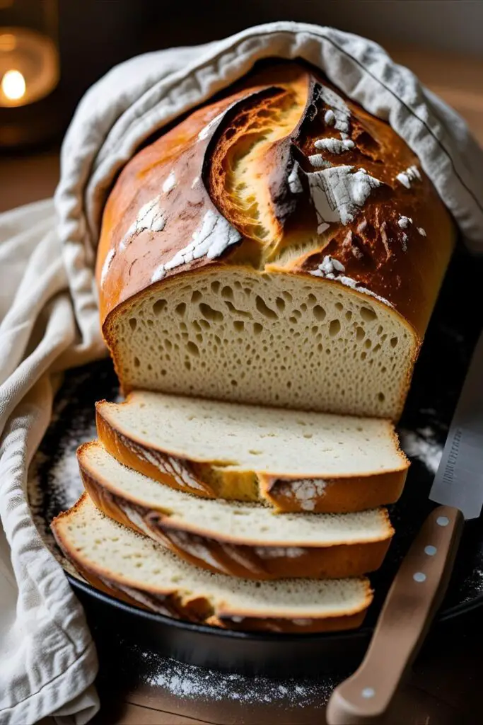 Sliced sourdough loaf with airy crumb, parchment beneath