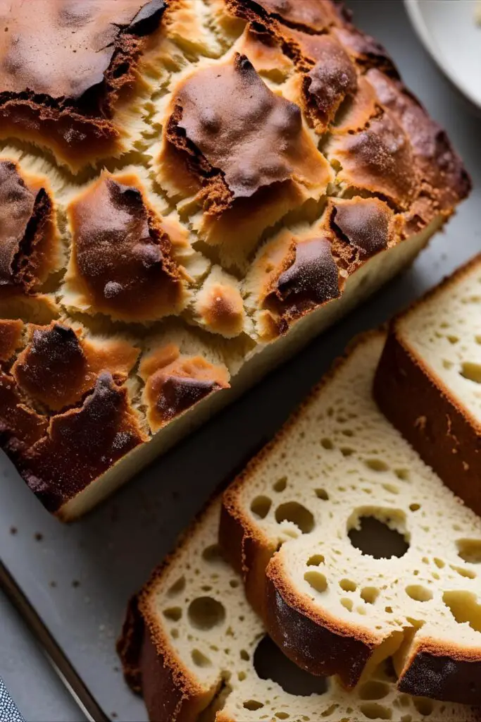 Slice of sourdough bread showing airy interior and golden crust